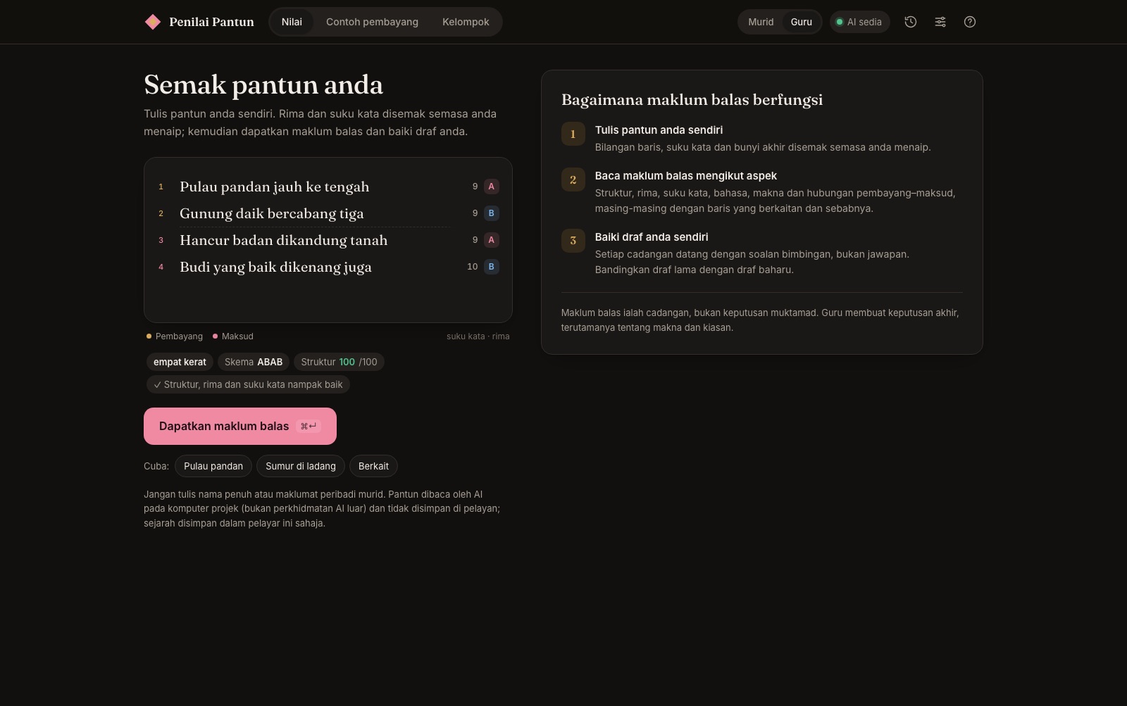 Penilai Pantun checking the rhyme and syllables of a four-line pantun as it is typed