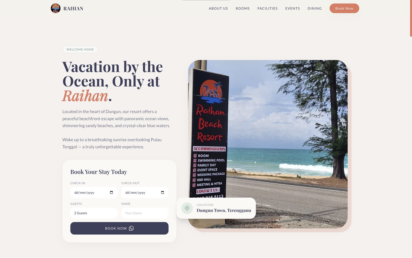 Raihan Beach Resort website hero section