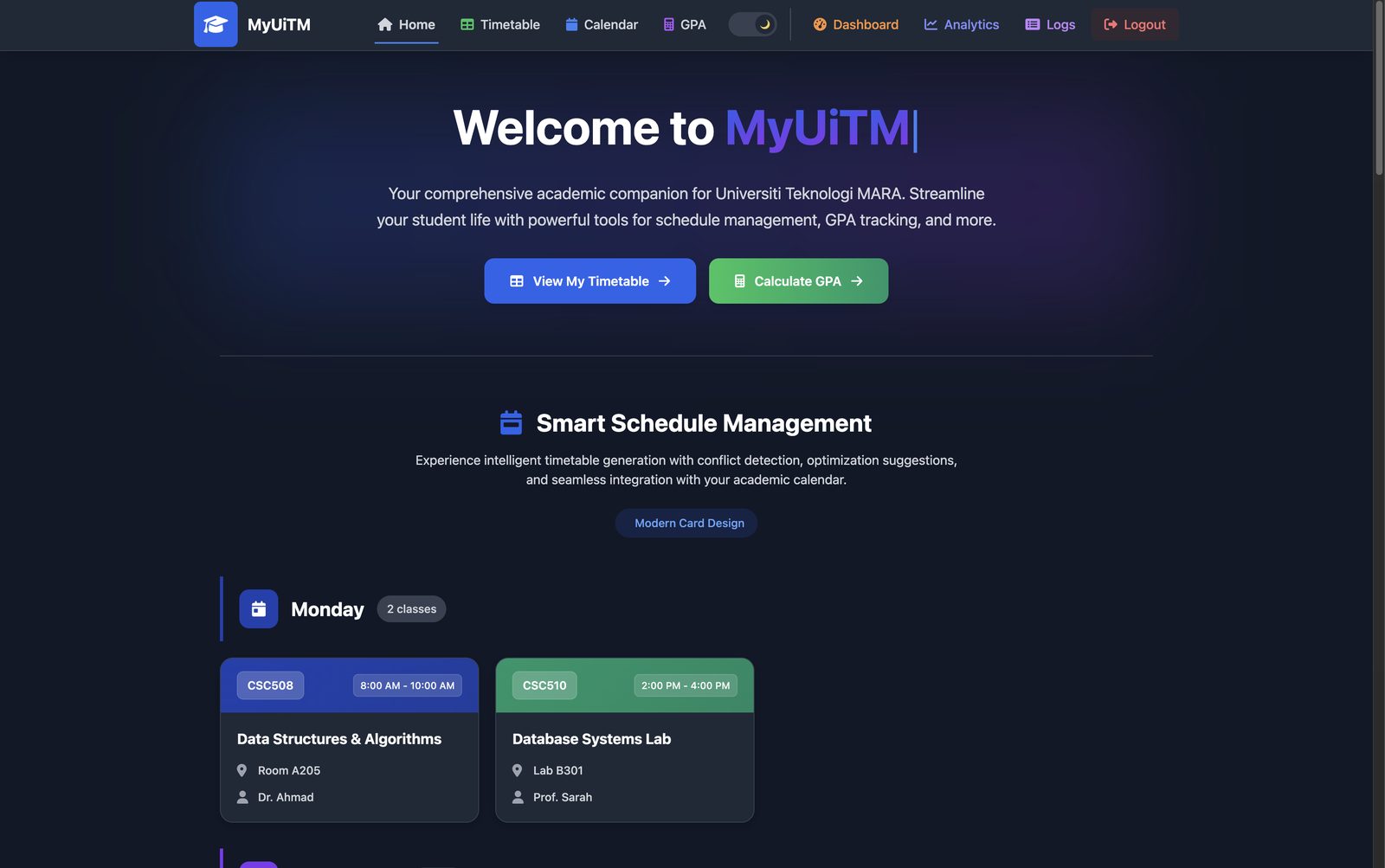 MyUiTM class schedule and GPA tool dashboard